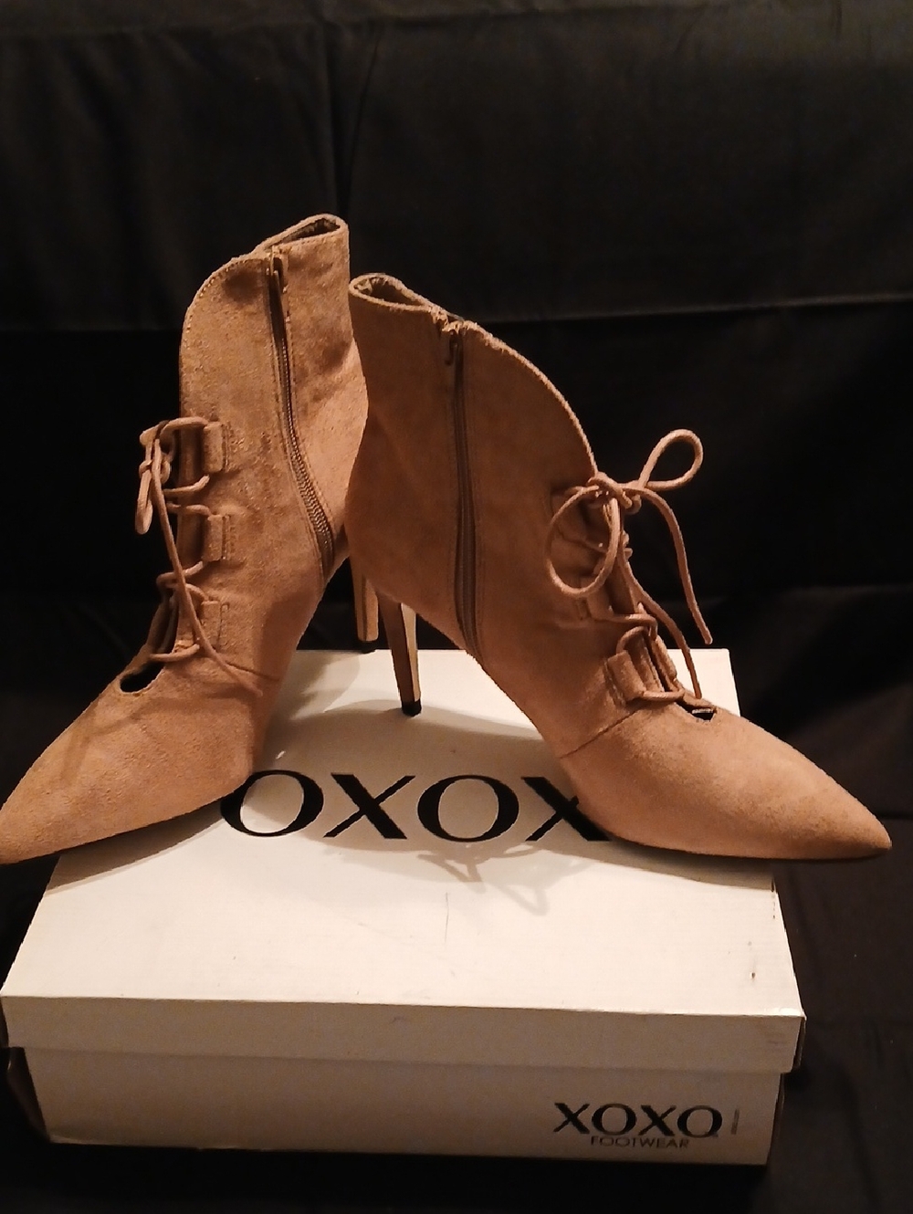 XOXO Tan Suede Pointed Toe Lace-Up Ankle Boots